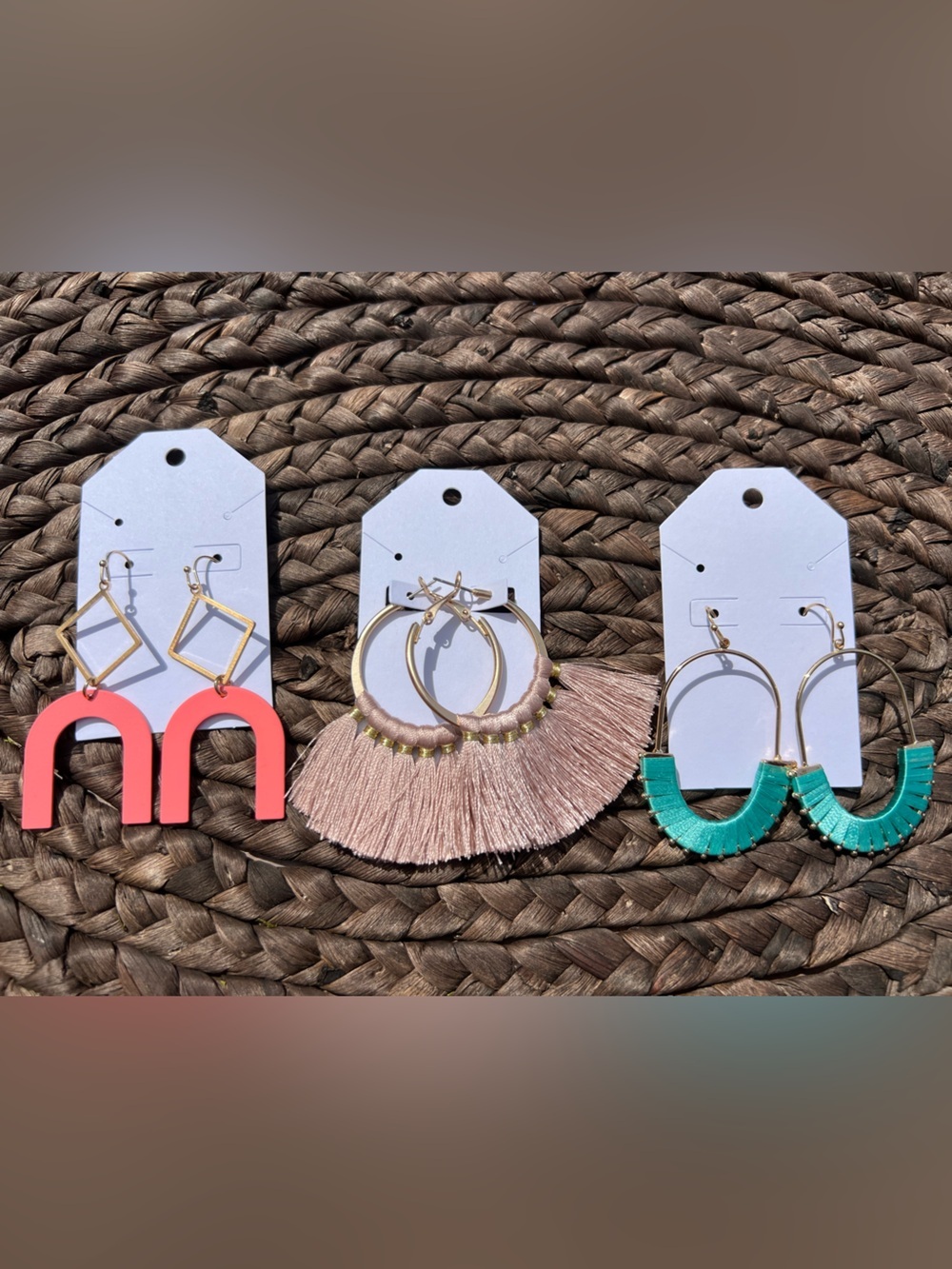 Boho Statement Dangle Earrings Lot 3 Pair Pink Coral Turquoise Gold Tone NEW